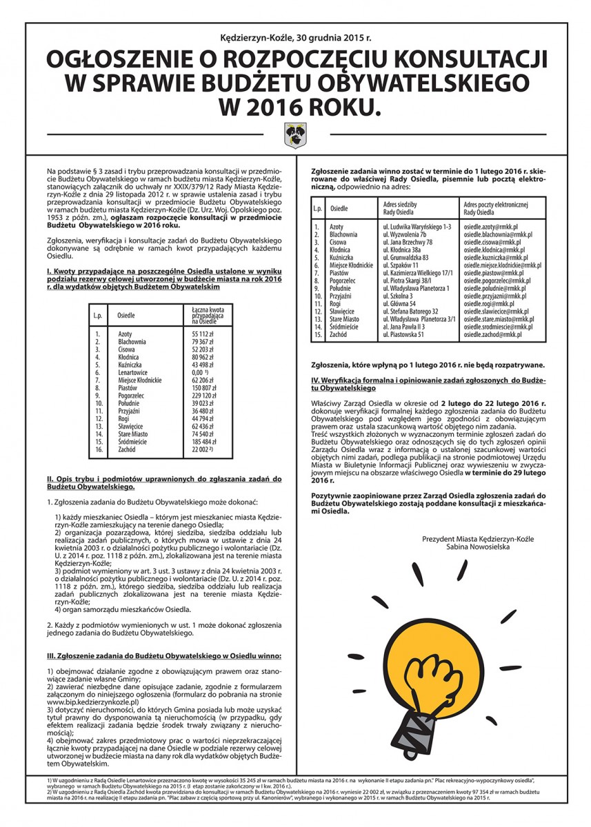 Ogłoszenie o rozpoczęciu konsultacji w sprawie budżetu obywatelskiego w 2016 roku